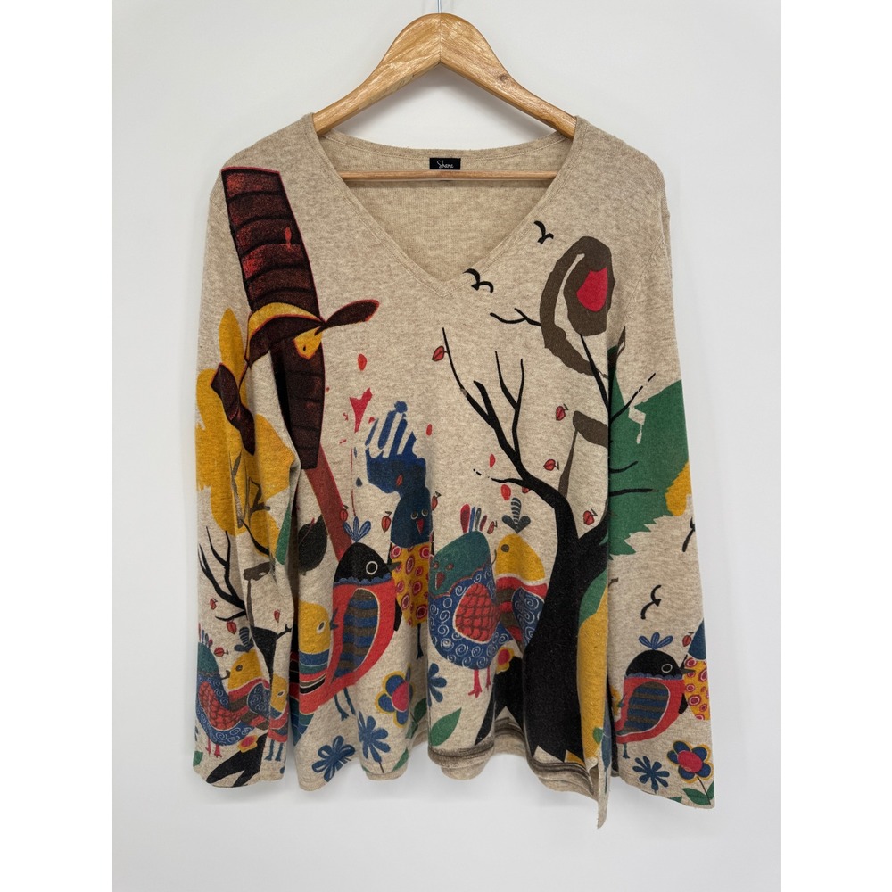 Shana Sweater Womens XXL Beige Whimsical Bird Graphic Art to Wear Pul
